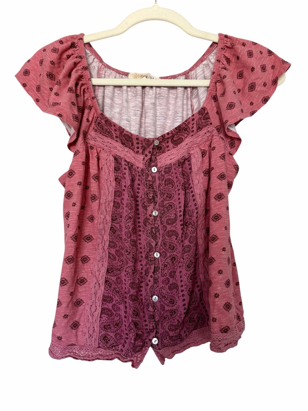 Rewind Rose-Pink Paisley Button Front Flutter Sleeve Blouse